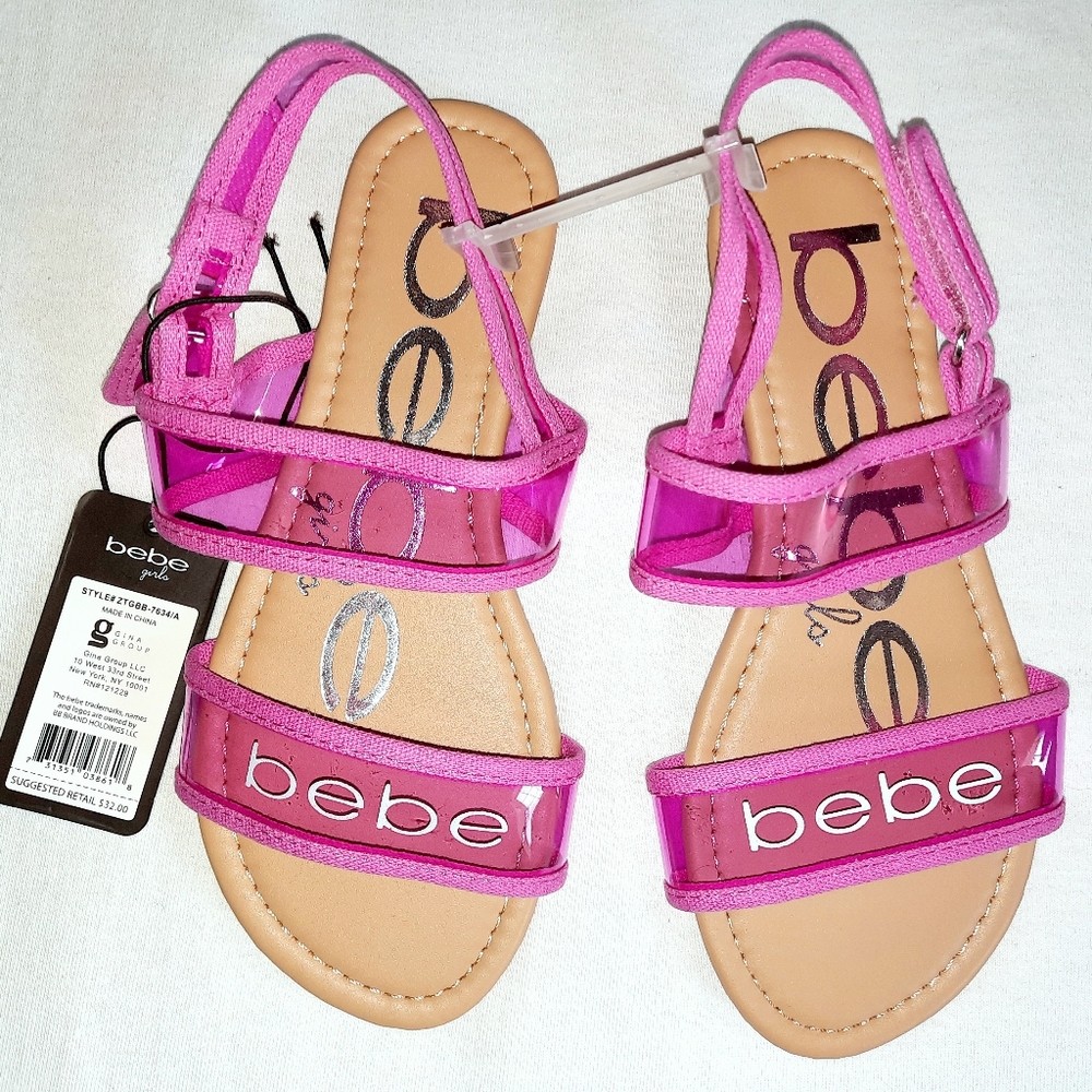 NWT bebe fuchsia clear velcro strap SANDAL Sz 2 big girls